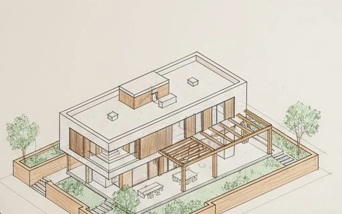Esquisse axonométrique d'une maison avec pergola et jardin