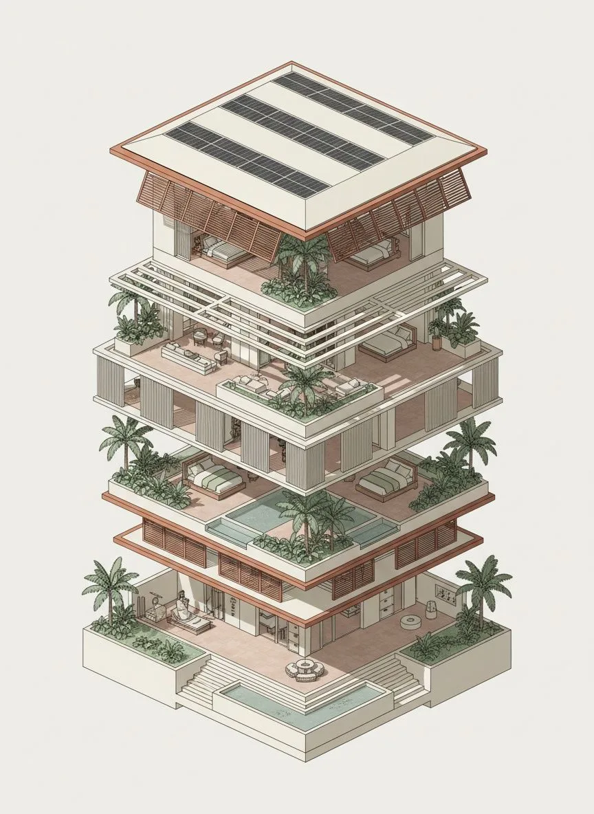 Planche de présentation : tour illustrée en axonométrie